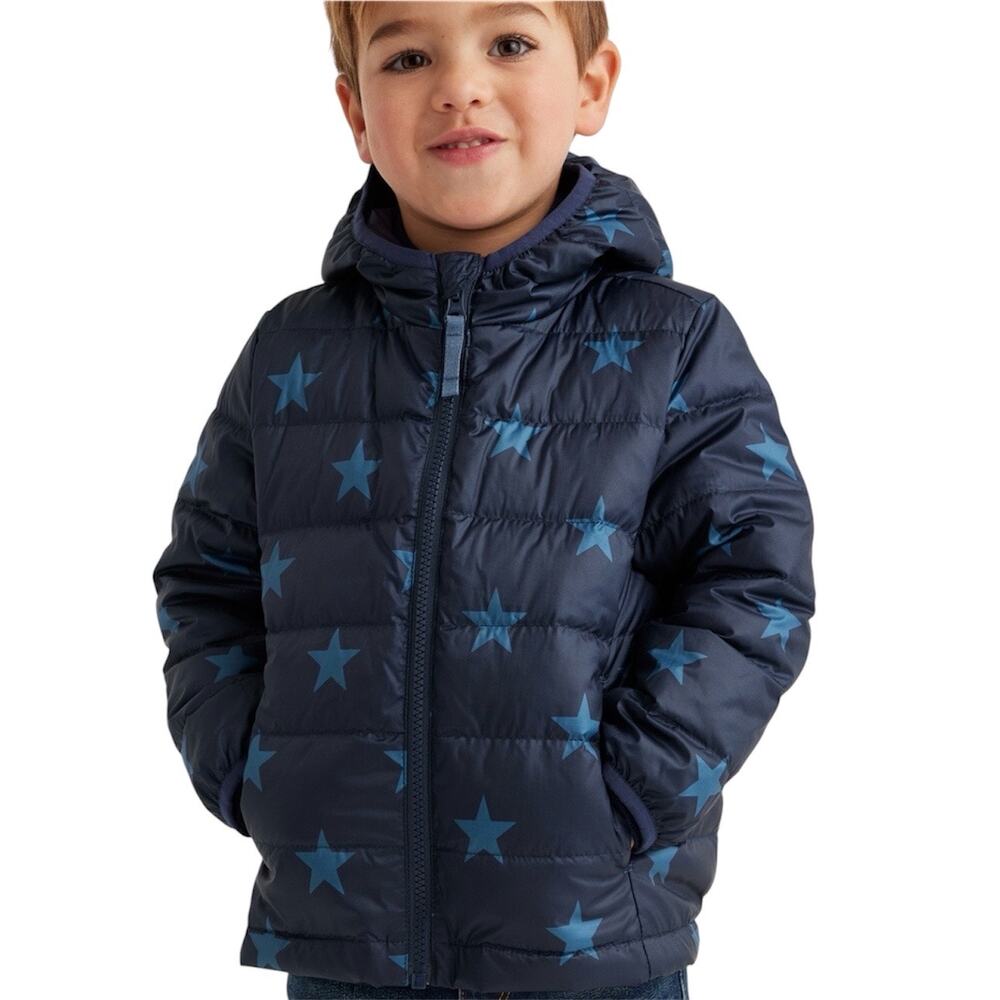 Quince Kids Navy Blue Stars Lightweight Goose Down Hooded Puffer Jacket Size 3T
